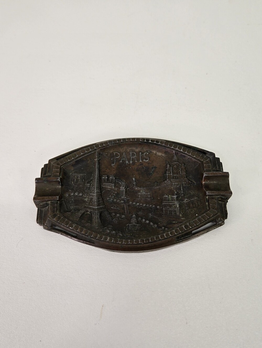VTG Art Deco Bronze Paris Souvenir Ashtray Eiffel Tower Arc de Triomphe Rustic